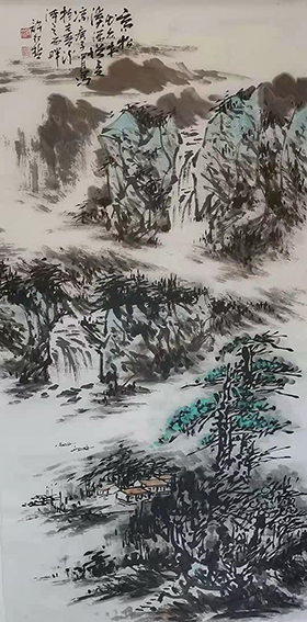 许红哲作品8《高松出众木 溪瀑坤夏凉》  尺寸：70X136cm